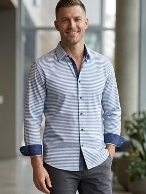CON.STRUCT Men's Large Blue & White Geometric Slim-Fit 4-Way Stretch Like New